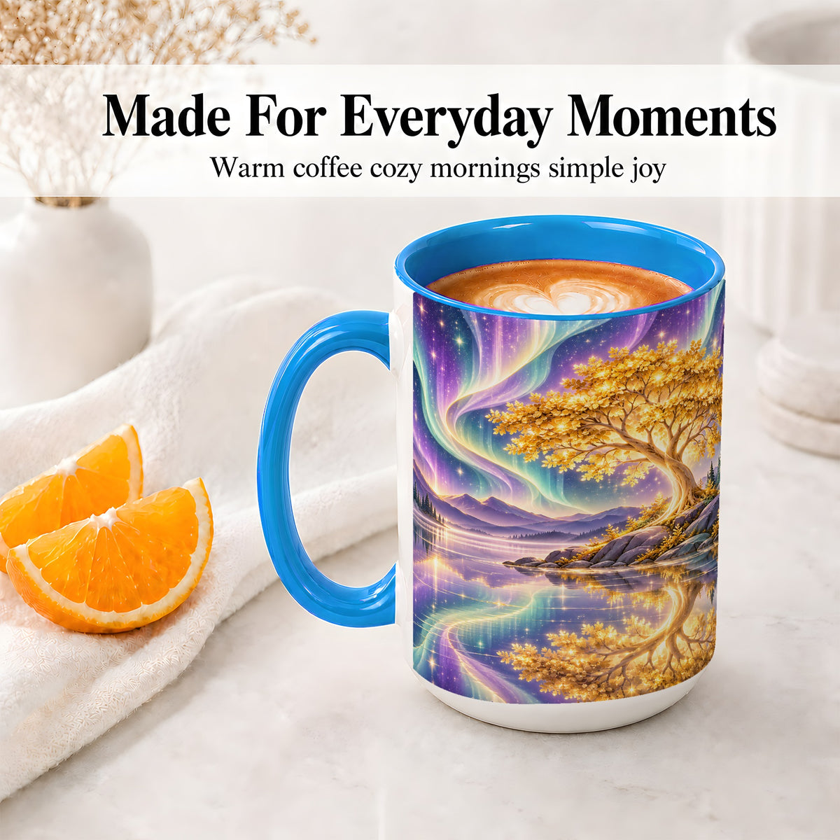 #pl[15oz|Blue] Golden Tree Aurora Ceramic Mug for Nature Lovers
