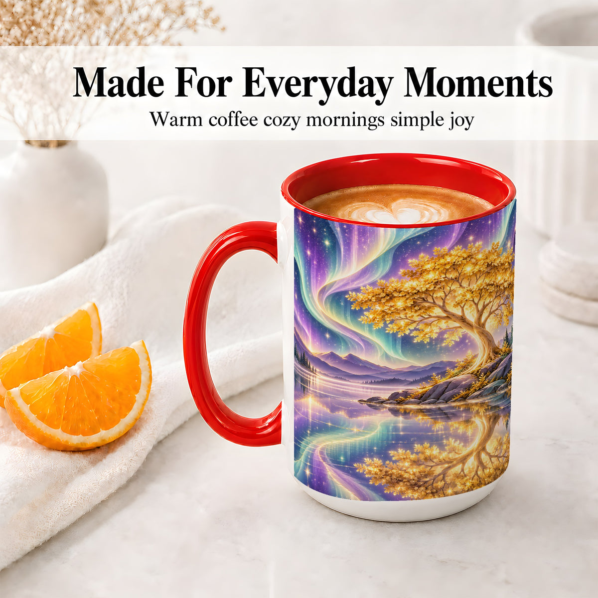 #pl[15oz|Red] Golden Tree Aurora Ceramic Mug for Nature Lovers