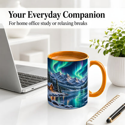 #pl[11oz|Orange] Winter Cabin Aurora Ceramic Mug for Nature Lovers