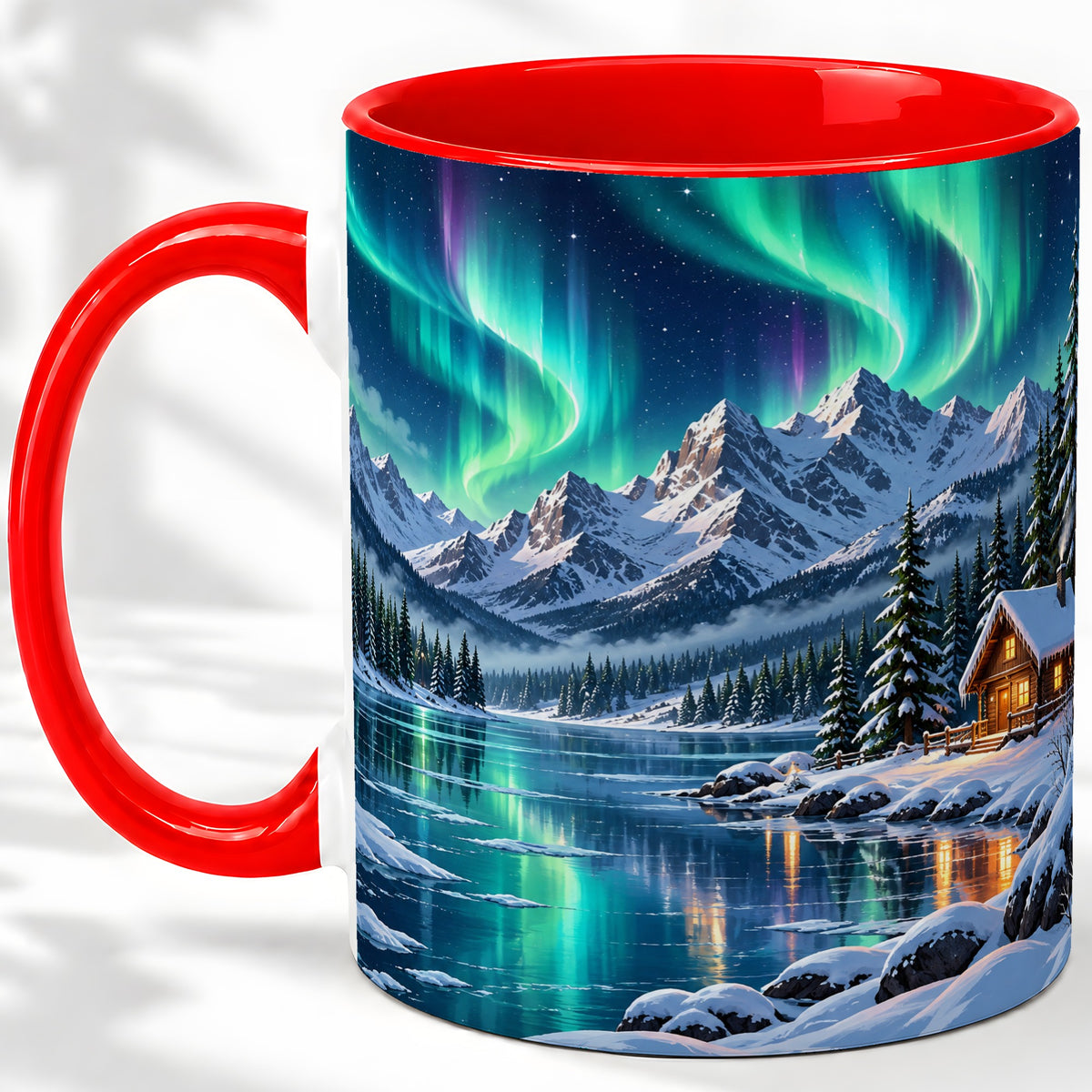 Winter Cabin Aurora Ceramic Mug for Nature Lovers