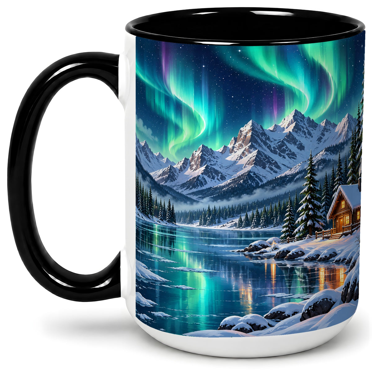#pl[15oz|Black] Winter Cabin Aurora Ceramic Mug for Nature Lovers
