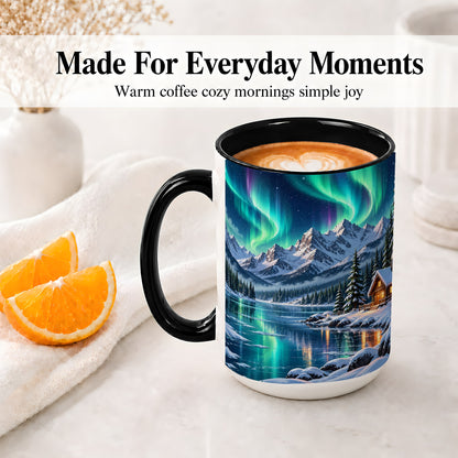 #pl[15oz|Black] Winter Cabin Aurora Ceramic Mug for Nature Lovers