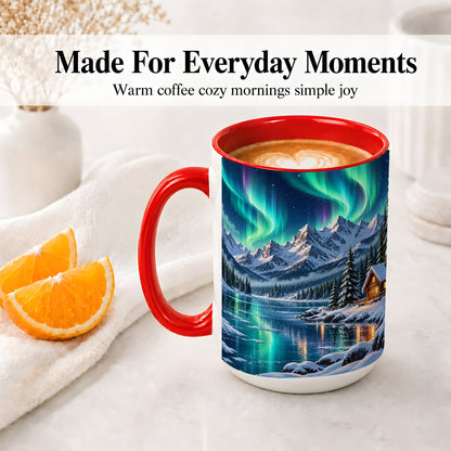 #pl[15oz|Red] Winter Cabin Aurora Ceramic Mug for Nature Lovers