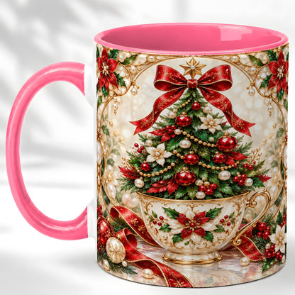 #pl[11oz|Pink] Christmas Tree Coffee Mug, Holiday Teacup Mug, Ceramic Cup