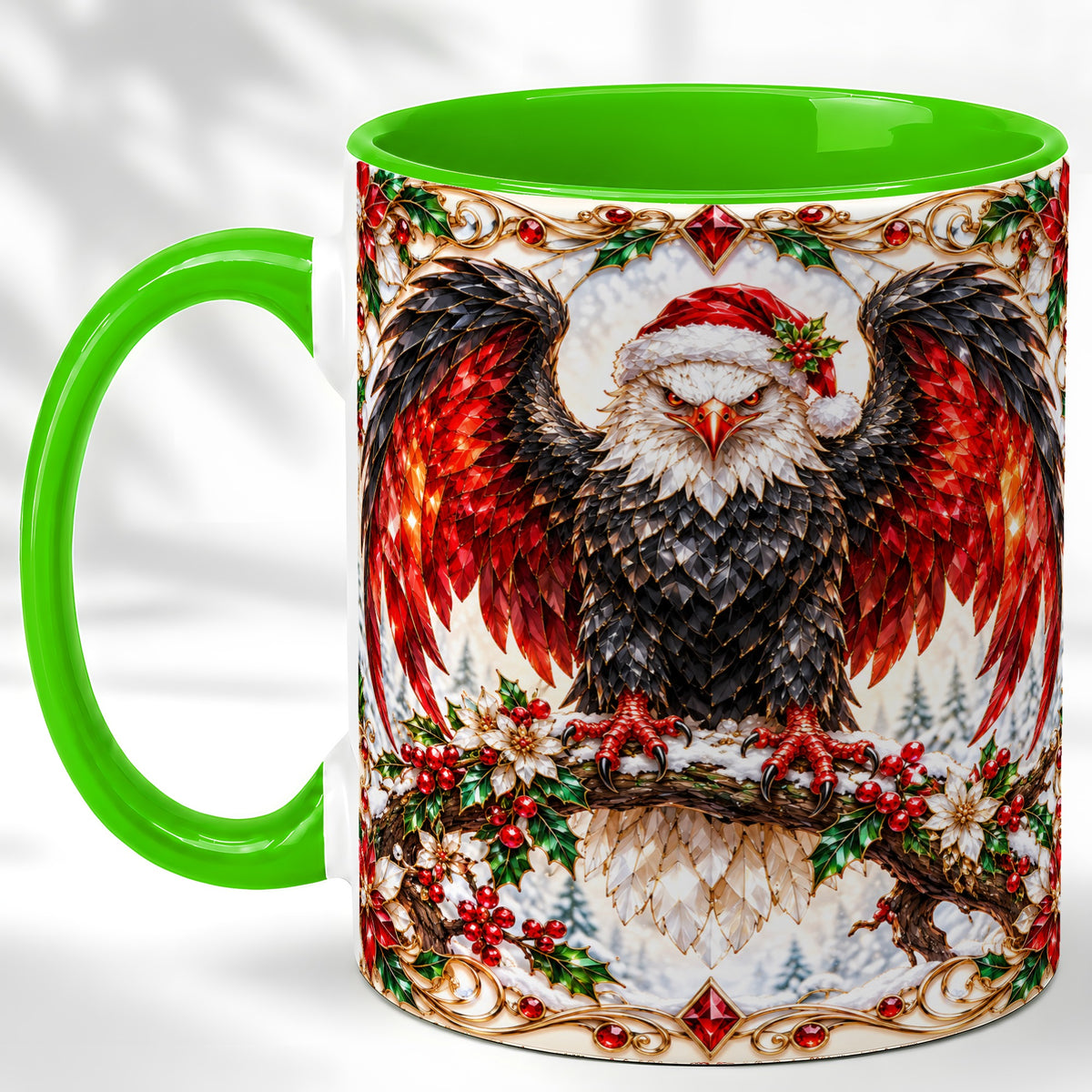 #pl[11oz|Green] Christmas Eagle Coffee Mug, Bald Eagle Mug, Ceramic Cup