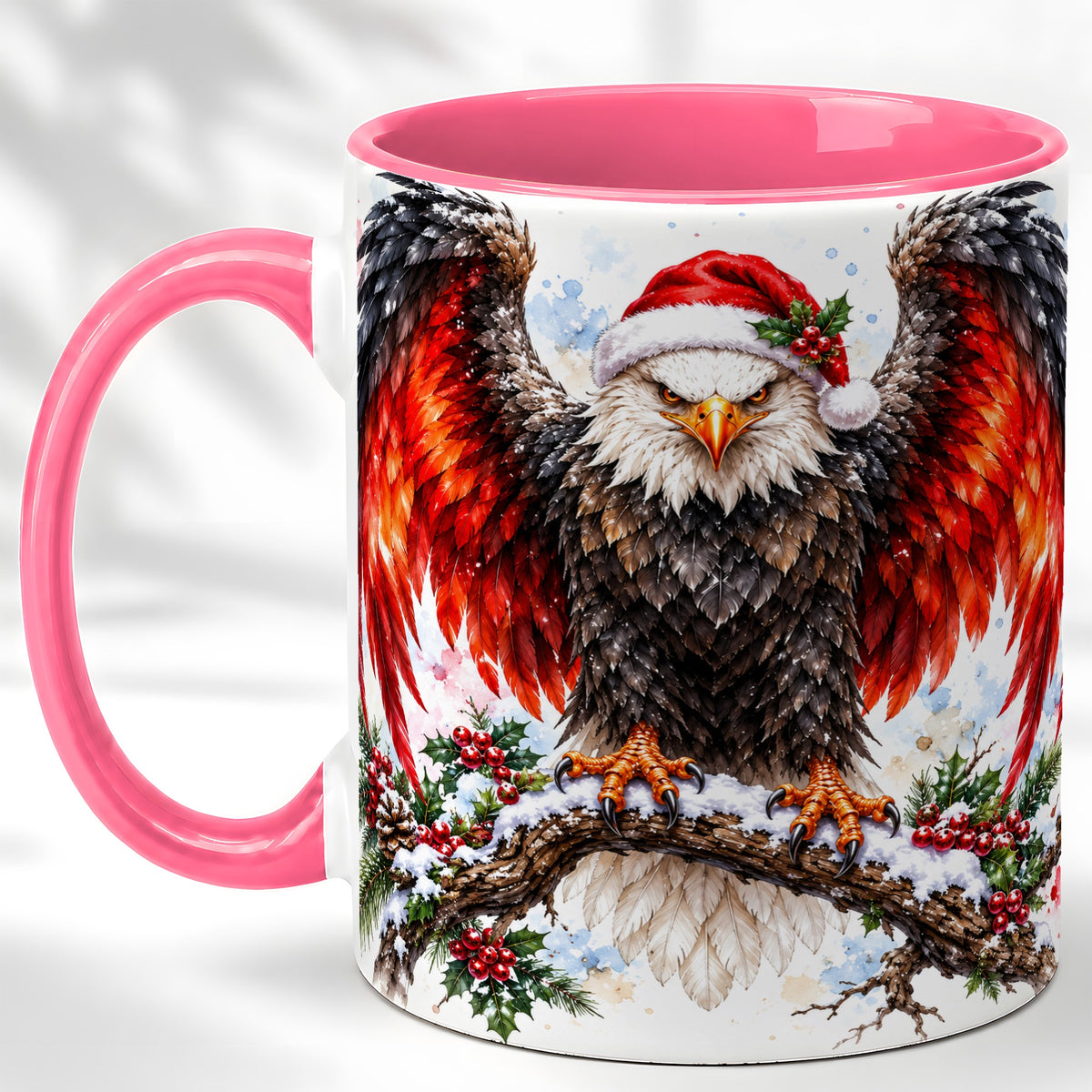 #pl[11oz|Pink] Christmas Eagle Coffee Mug, Watercolor Bald Eagle Mug, Ceramic Cup