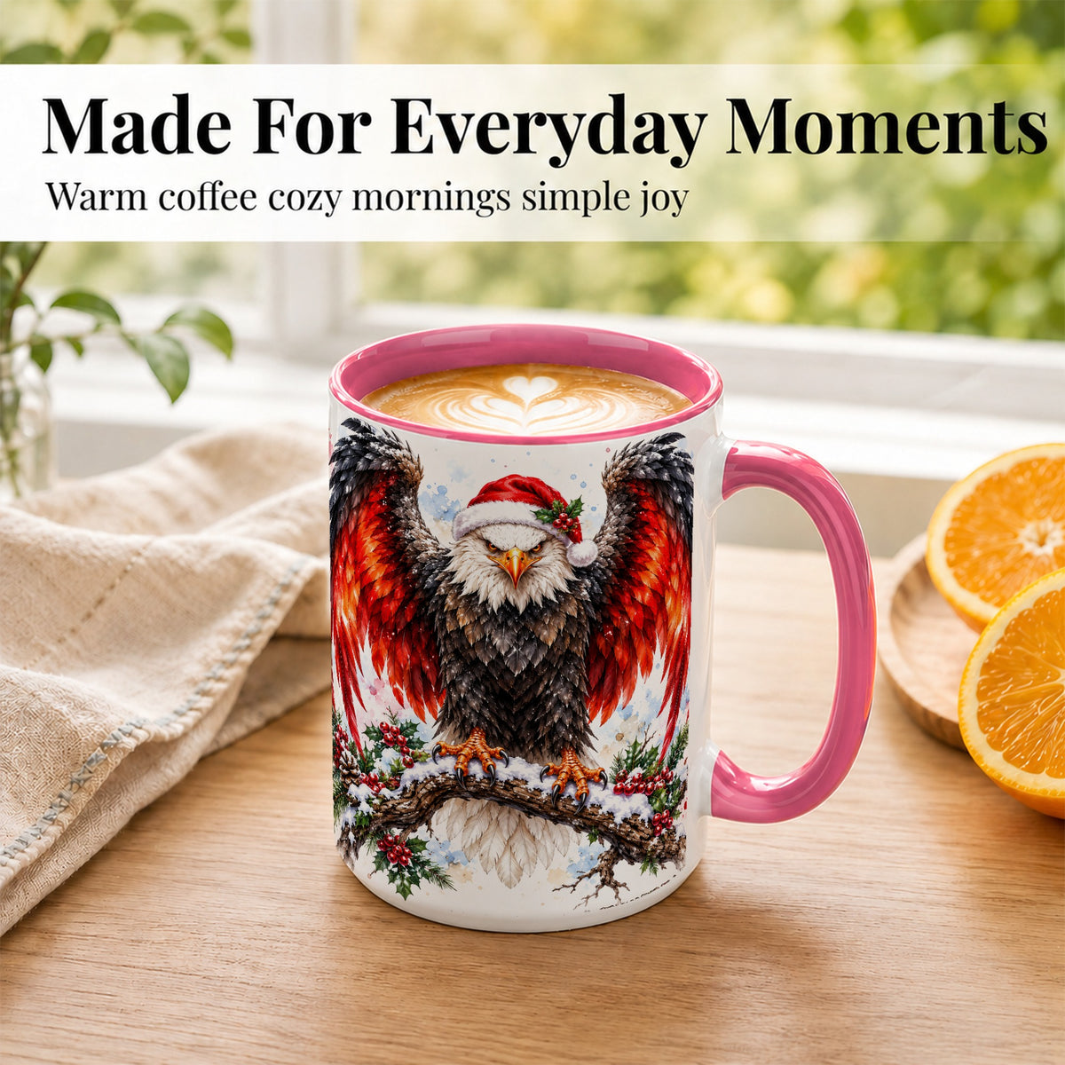 #pl[15oz|Pink] Christmas Eagle Coffee Mug, Watercolor Bald Eagle Mug, Ceramic Cup