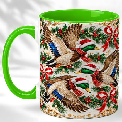 #pl[11oz|Green] Christmas Mallard Coffee Mug, Holiday Duck Trio Mug, Ceramic Cup