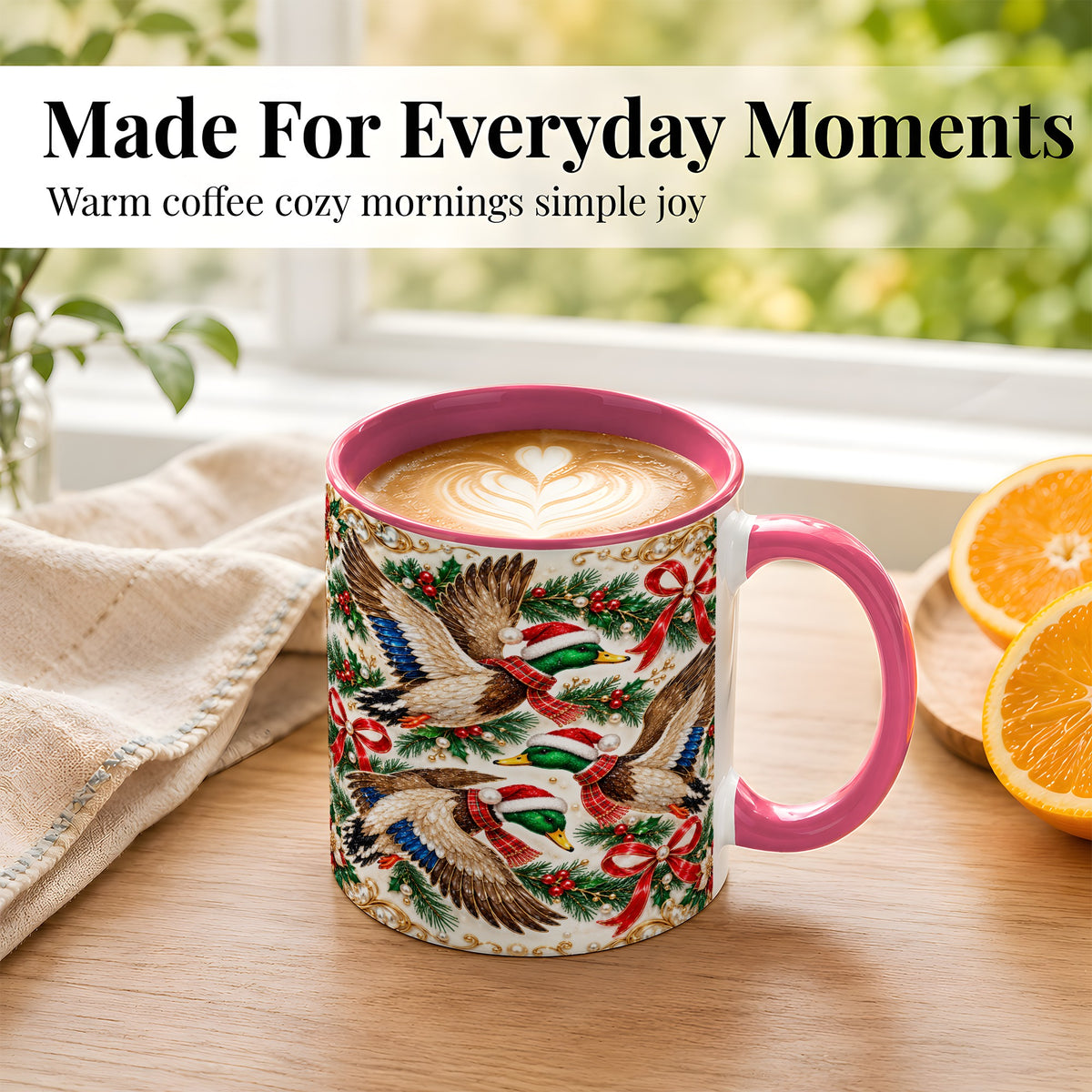#pl[11oz|Pink] Christmas Mallard Coffee Mug, Holiday Duck Trio Mug, Ceramic Cup