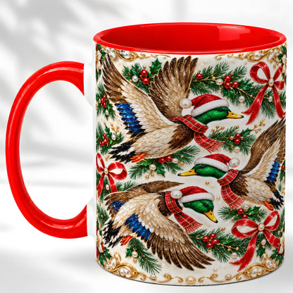 Christmas Mallard Coffee Mug, Holiday Duck Trio Mug, Ceramic Cup