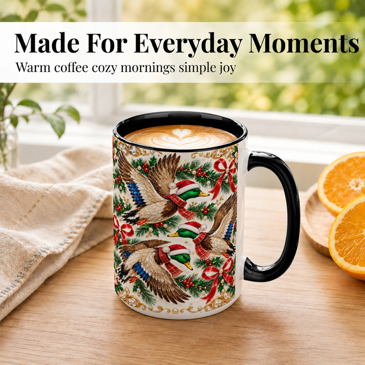 #pl[15oz|Black] Christmas Mallard Coffee Mug, Holiday Duck Trio Mug, Ceramic Cup