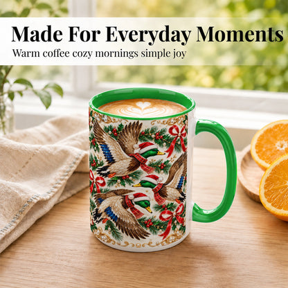 #pl[15oz|Green] Christmas Mallard Coffee Mug, Holiday Duck Trio Mug, Ceramic Cup