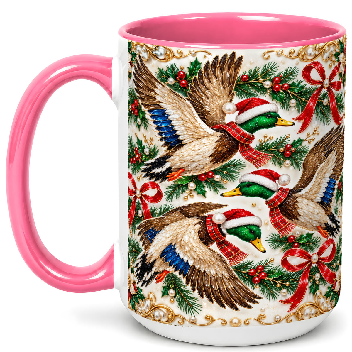 #pl[15oz|Pink] Christmas Mallard Coffee Mug, Holiday Duck Trio Mug, Ceramic Cup