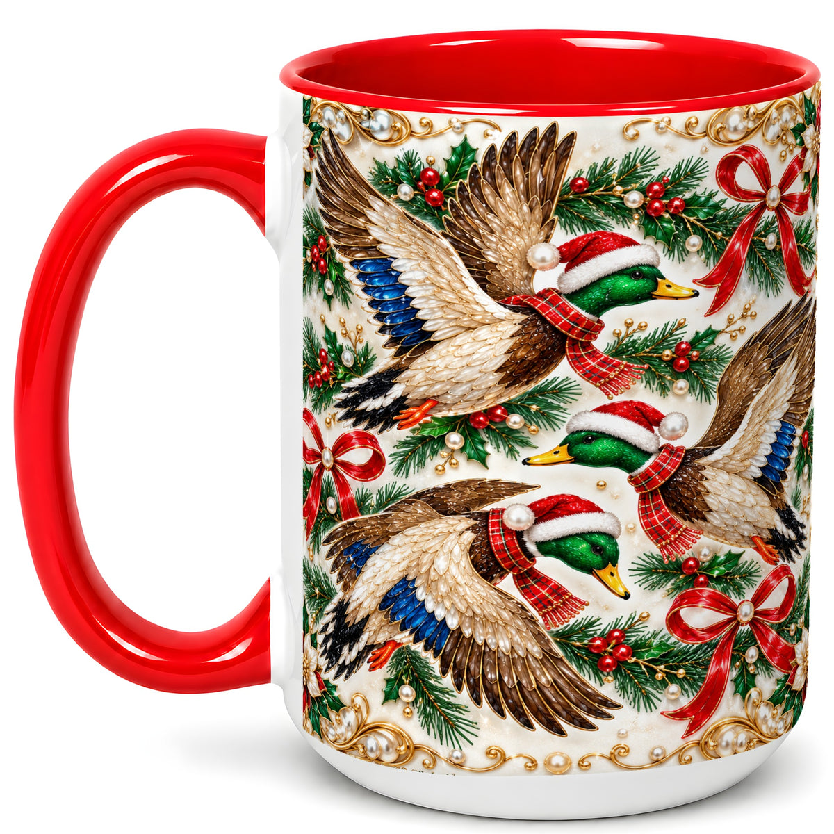 #pl[15oz|Red] Christmas Mallard Coffee Mug, Holiday Duck Trio Mug, Ceramic Cup