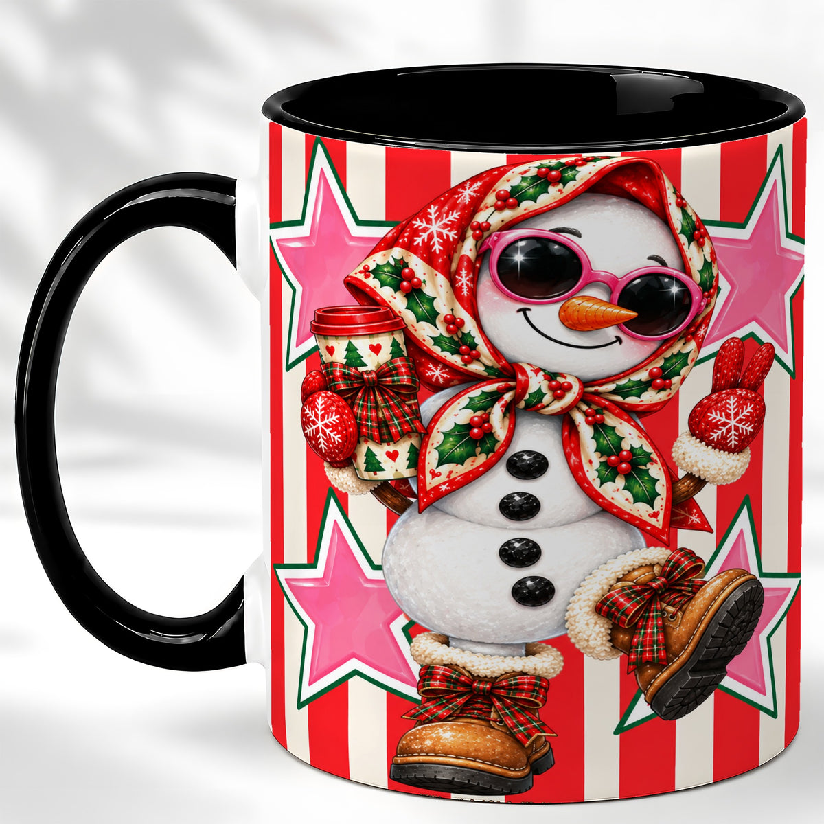 #pl[11oz|Black] Cute Snowman Coffee Mug, Retro Christmas Mug, Ceramic Cup