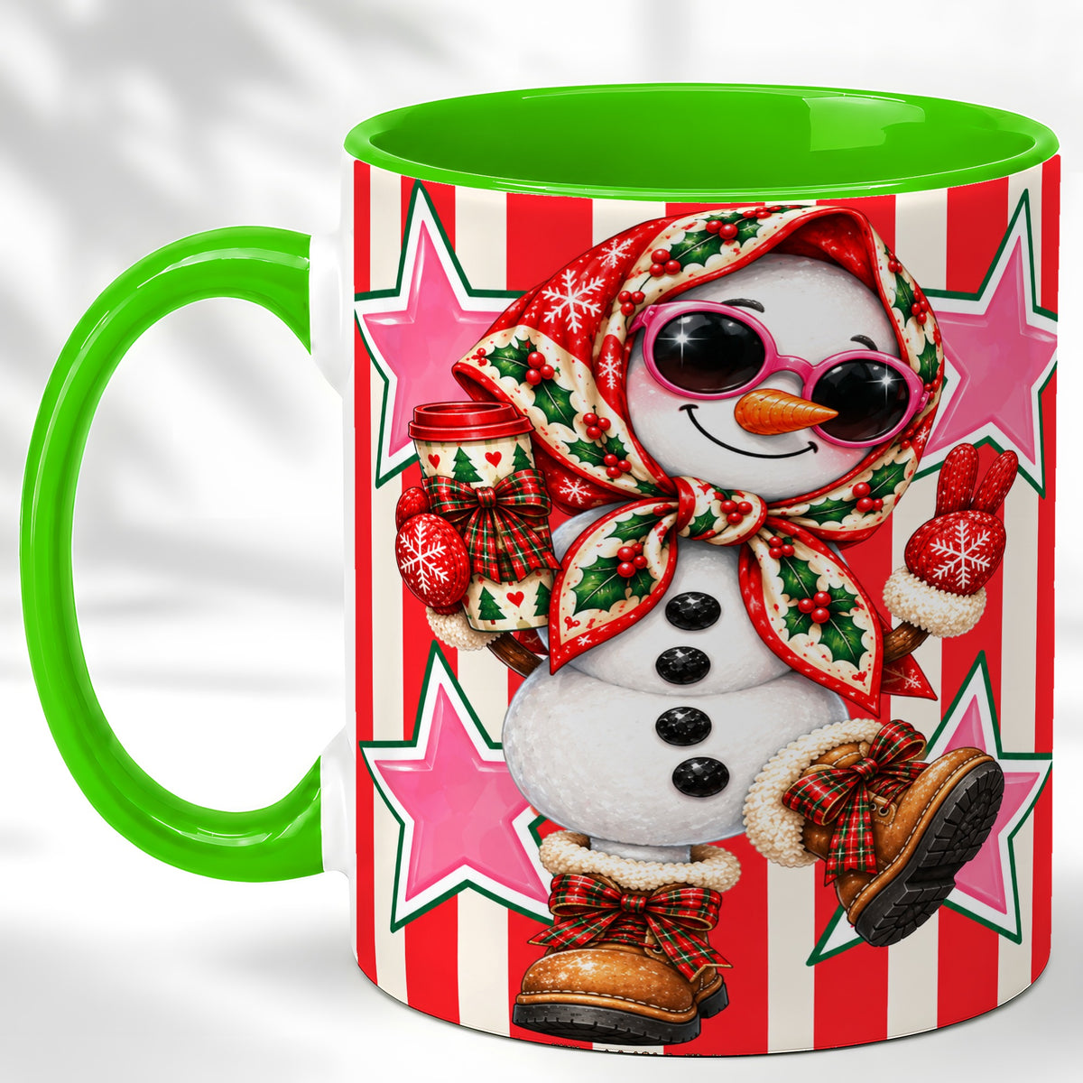 #pl[11oz|Green] Cute Snowman Coffee Mug, Retro Christmas Mug, Ceramic Cup