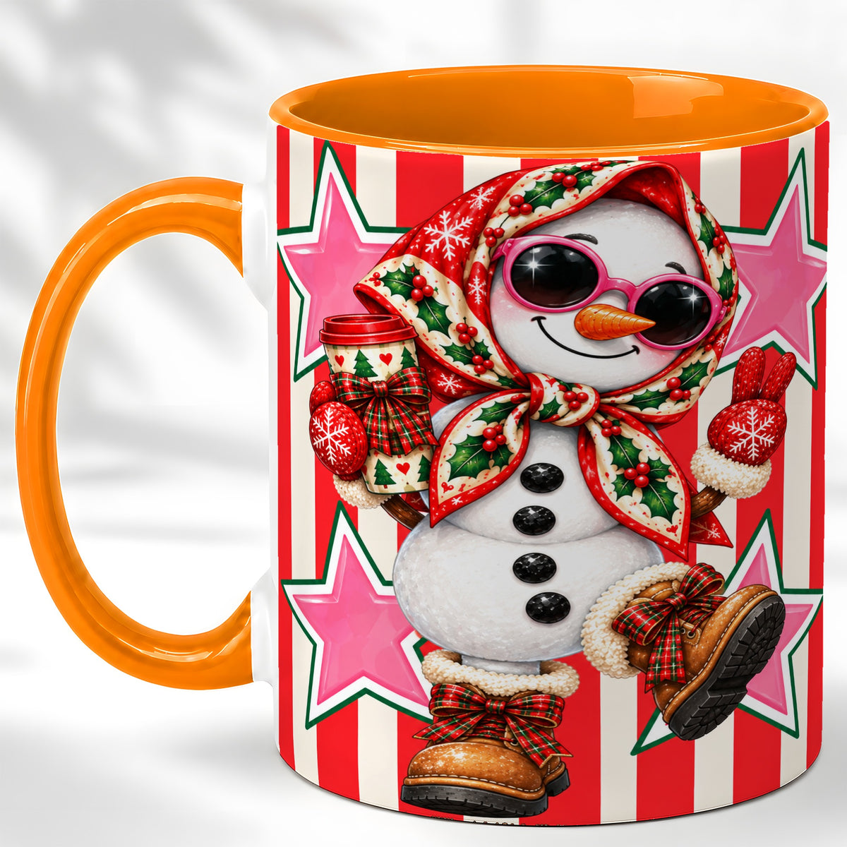 #pl[11oz|Orange] Cute Snowman Coffee Mug, Retro Christmas Mug, Ceramic Cup