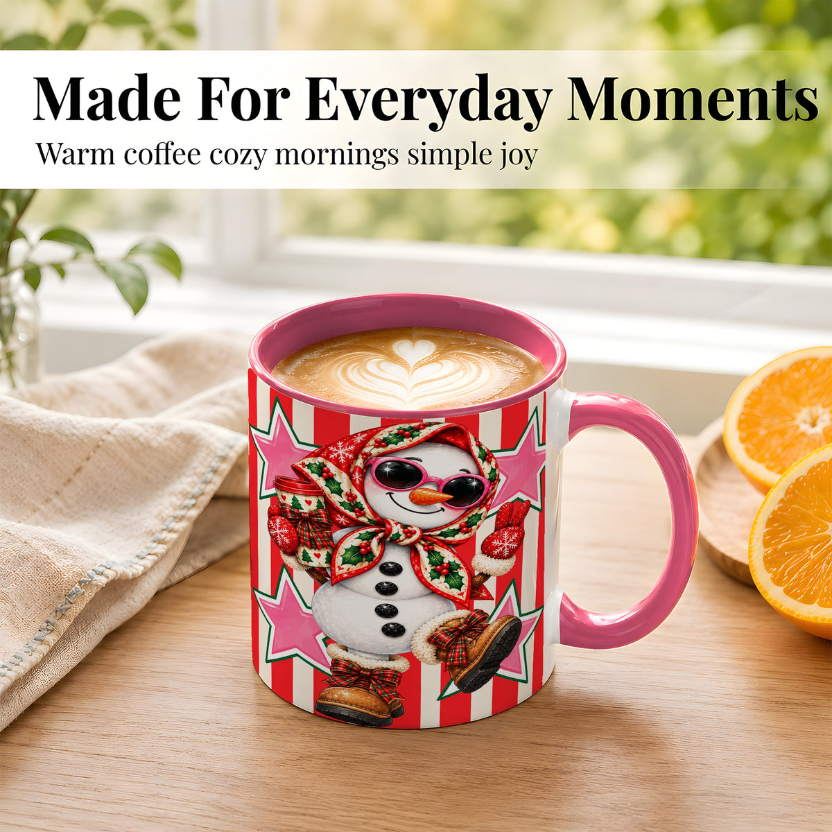 #pl[11oz|Pink] Cute Snowman Coffee Mug, Retro Christmas Mug, Ceramic Cup
