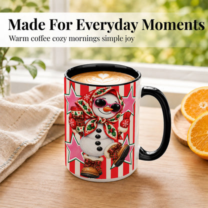 #pl[15oz|Black] Cute Snowman Coffee Mug, Retro Christmas Mug, Ceramic Cup