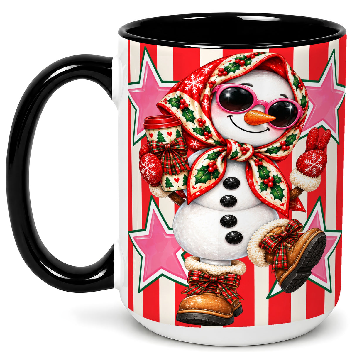 #pl[15oz|Black] Cute Snowman Coffee Mug, Retro Christmas Mug, Ceramic Cup