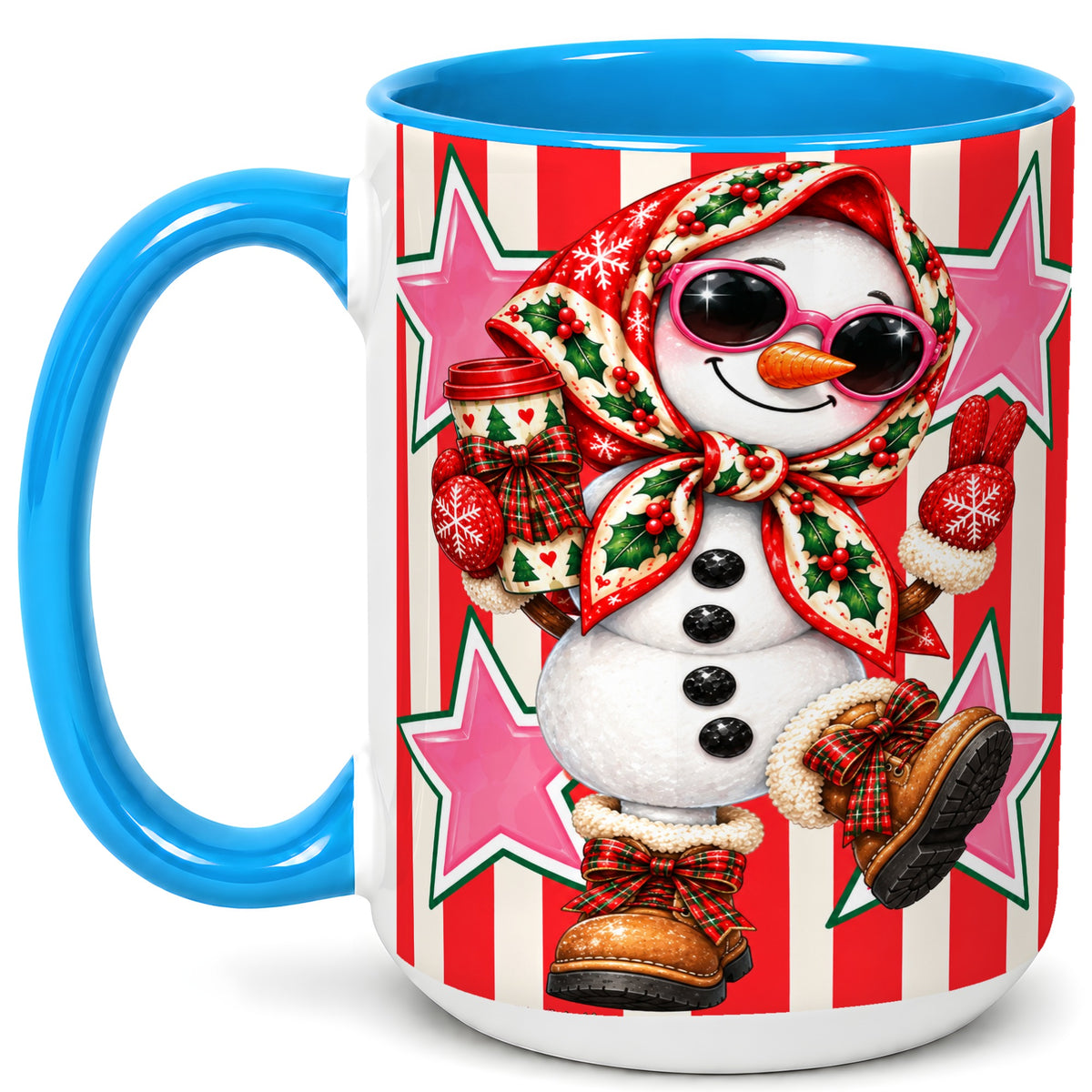 #pl[15oz|Blue] Cute Snowman Coffee Mug, Retro Christmas Mug, Ceramic Cup