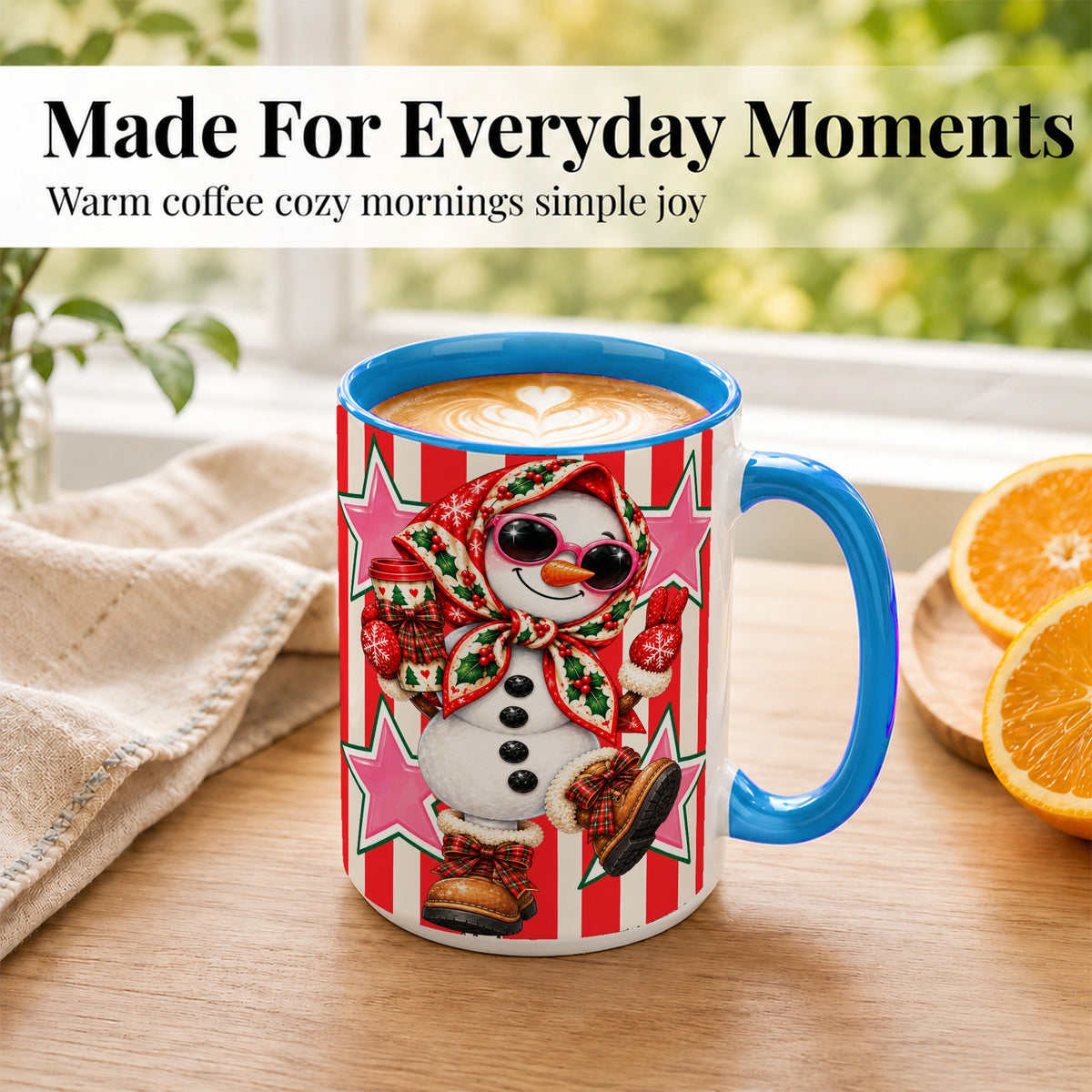 #pl[15oz|Blue] Cute Snowman Coffee Mug, Retro Christmas Mug, Ceramic Cup