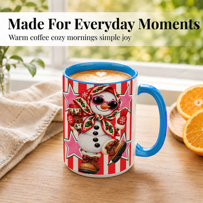 #pl[15oz|Blue] Cute Snowman Coffee Mug, Retro Christmas Mug, Ceramic Cup