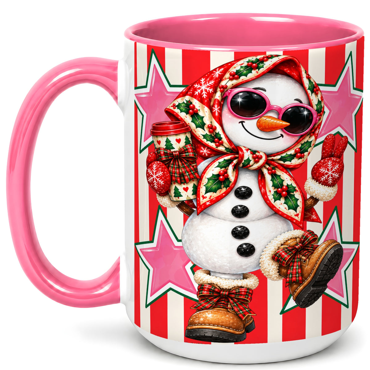 #pl[15oz|Pink] Cute Snowman Coffee Mug, Retro Christmas Mug, Ceramic Cup
