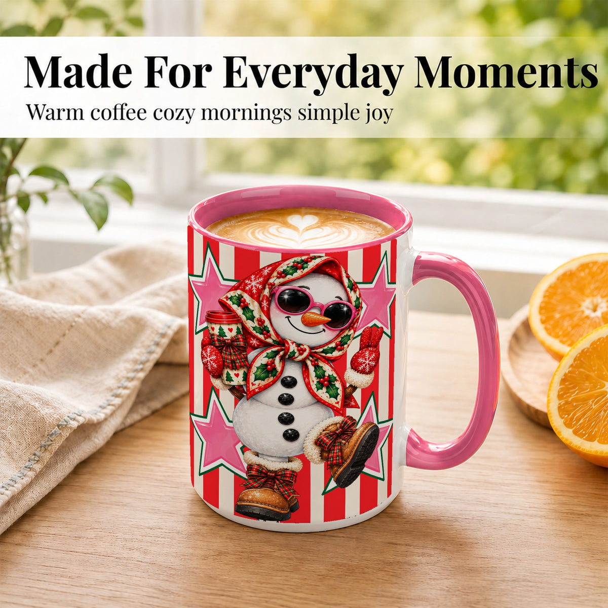 #pl[15oz|Pink] Cute Snowman Coffee Mug, Retro Christmas Mug, Ceramic Cup