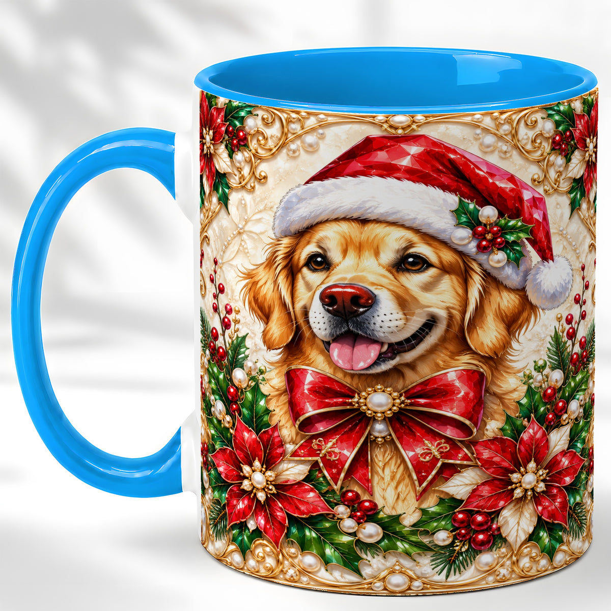 #pl[11oz|Blue] Christmas Golden Retriever Coffee Mug, Santa Dog Mug, Ceramic Cup