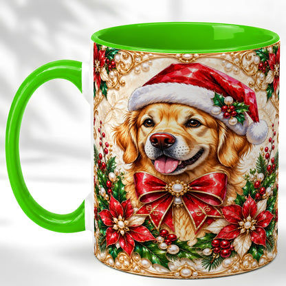 #pl[11oz|Green] Christmas Golden Retriever Coffee Mug, Santa Dog Mug, Ceramic Cup