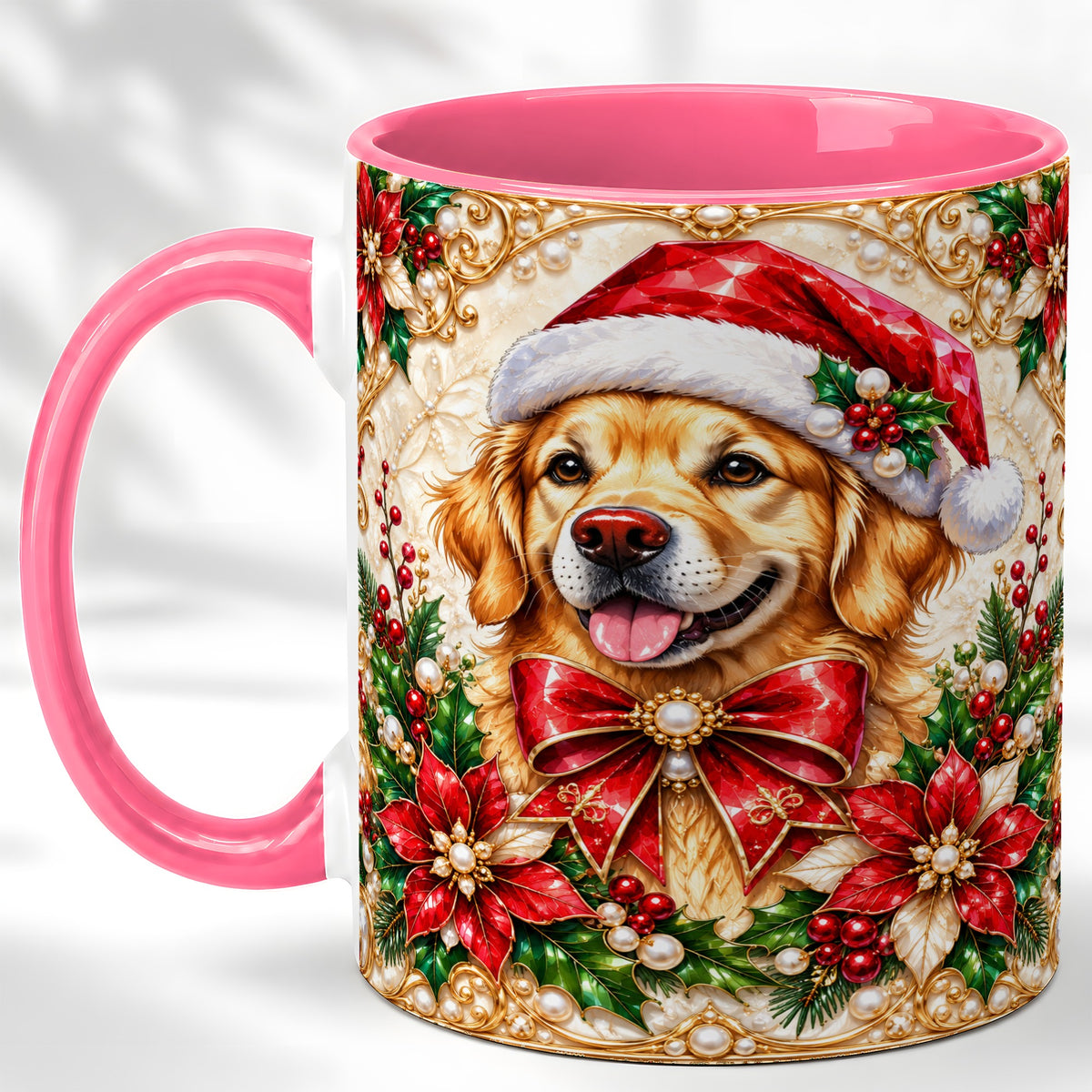 #pl[11oz|Pink] Christmas Golden Retriever Coffee Mug, Santa Dog Mug, Ceramic Cup