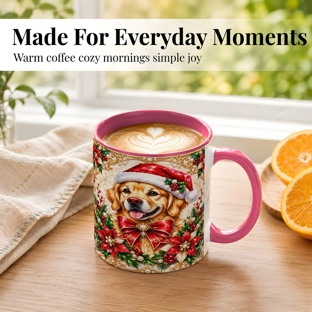 #pl[11oz|Pink] Christmas Golden Retriever Coffee Mug, Santa Dog Mug, Ceramic Cup