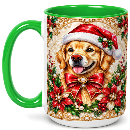 #pl[15oz|Green] Christmas Golden Retriever Coffee Mug, Santa Dog Mug, Ceramic Cup