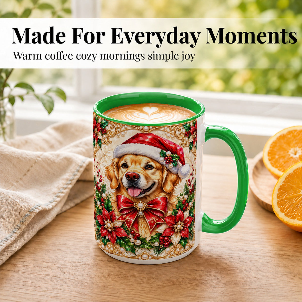 #pl[15oz|Green] Christmas Golden Retriever Coffee Mug, Santa Dog Mug, Ceramic Cup