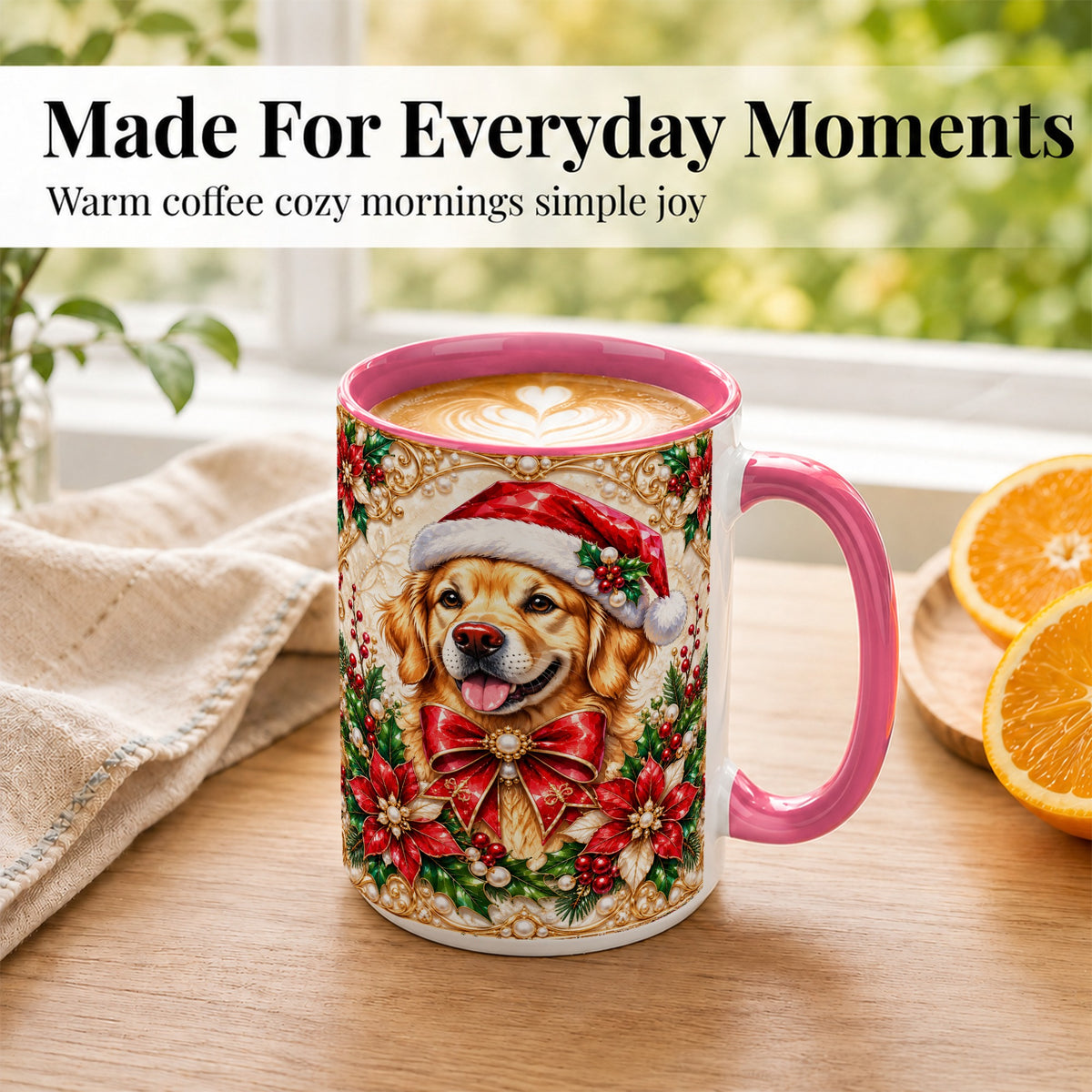 #pl[15oz|Pink] Christmas Golden Retriever Coffee Mug, Santa Dog Mug, Ceramic Cup