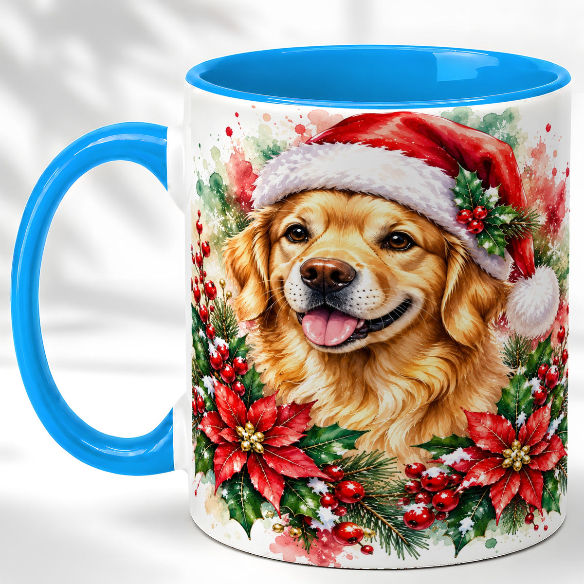 #pl[11oz|Blue] Watercolor Golden Retriever Coffee Mug, Christmas Dog Mug, Ceramic Cup
