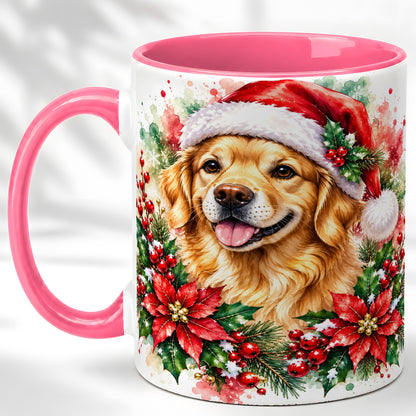 #pl[11oz|Pink] Watercolor Golden Retriever Coffee Mug, Christmas Dog Mug, Ceramic Cup