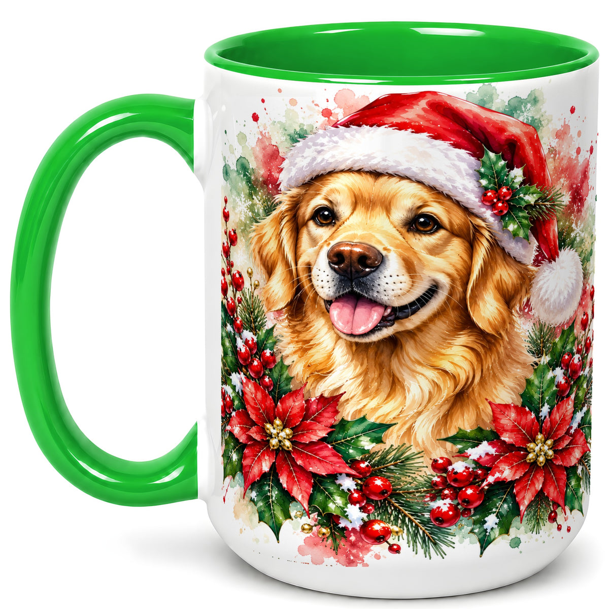 #pl[15oz|Green] Watercolor Golden Retriever Coffee Mug, Christmas Dog Mug, Ceramic Cup