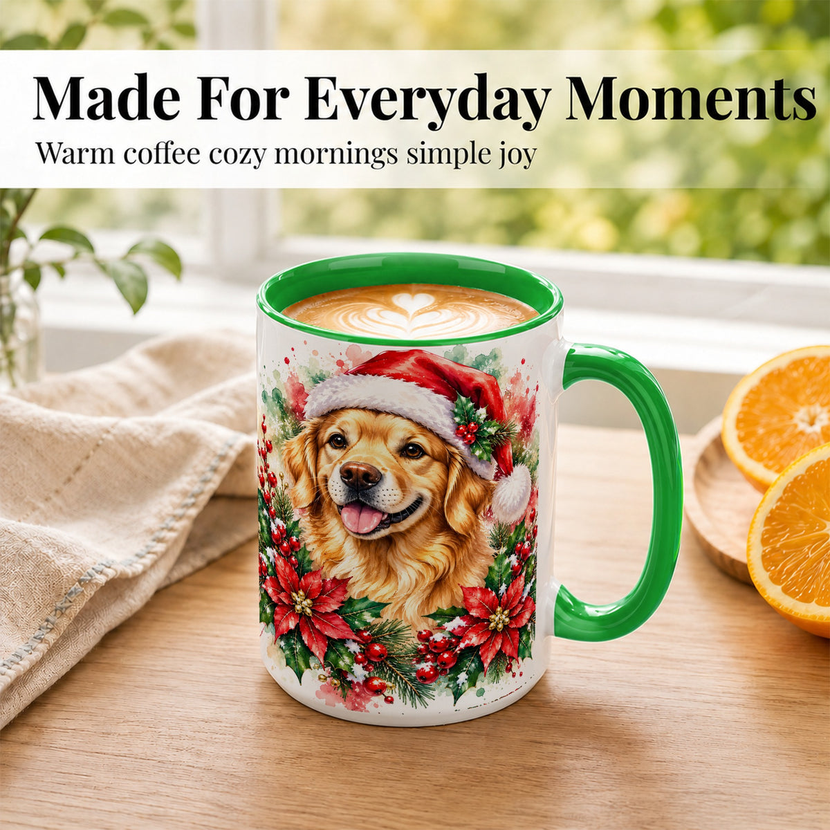 #pl[15oz|Green] Watercolor Golden Retriever Coffee Mug, Christmas Dog Mug, Ceramic Cup