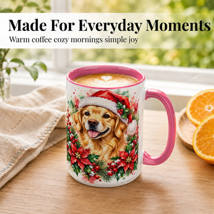 #pl[15oz|Pink] Watercolor Golden Retriever Coffee Mug, Christmas Dog Mug, Ceramic Cup