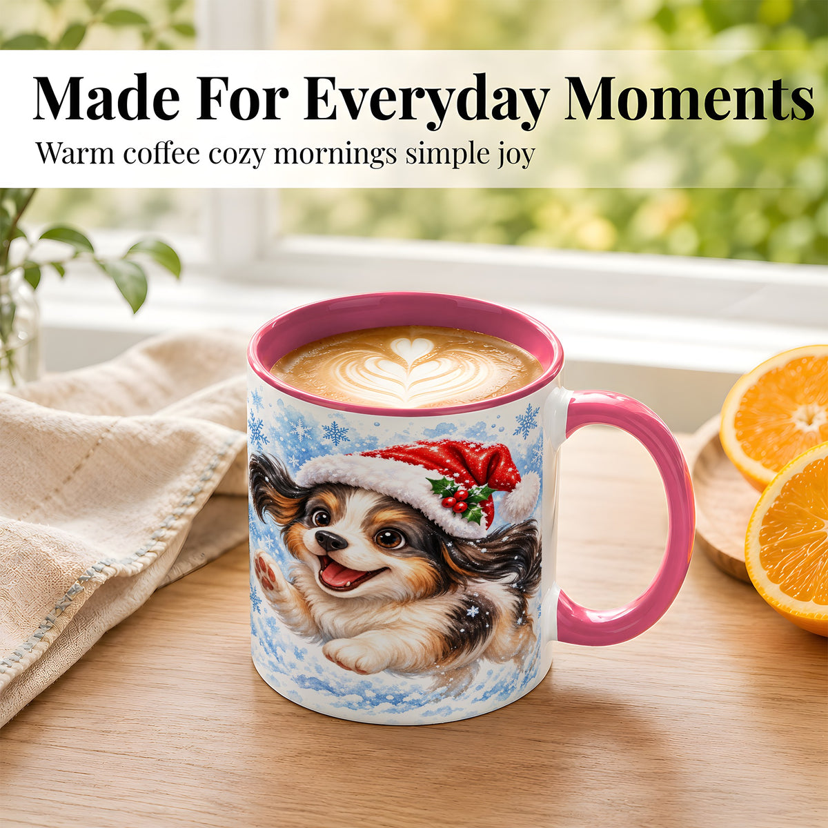 #pl[11oz|Pink] Christmas Tricolor Puppy Coffee Mug, Snowflake Dog Mug, Ceramic Cup
