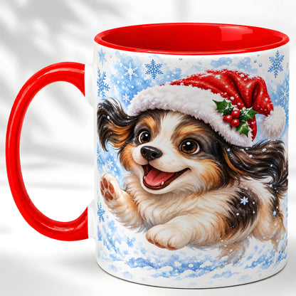 Christmas Tricolor Puppy Coffee Mug, Snowflake Dog Mug, Ceramic Cup