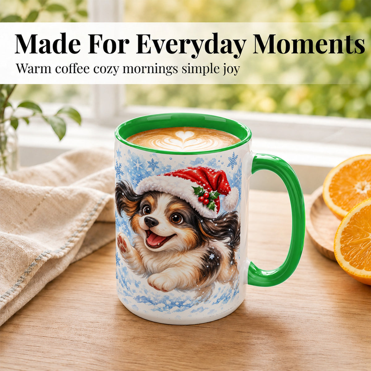 #pl[15oz|Green] Christmas Tricolor Puppy Coffee Mug, Snowflake Dog Mug, Ceramic Cup