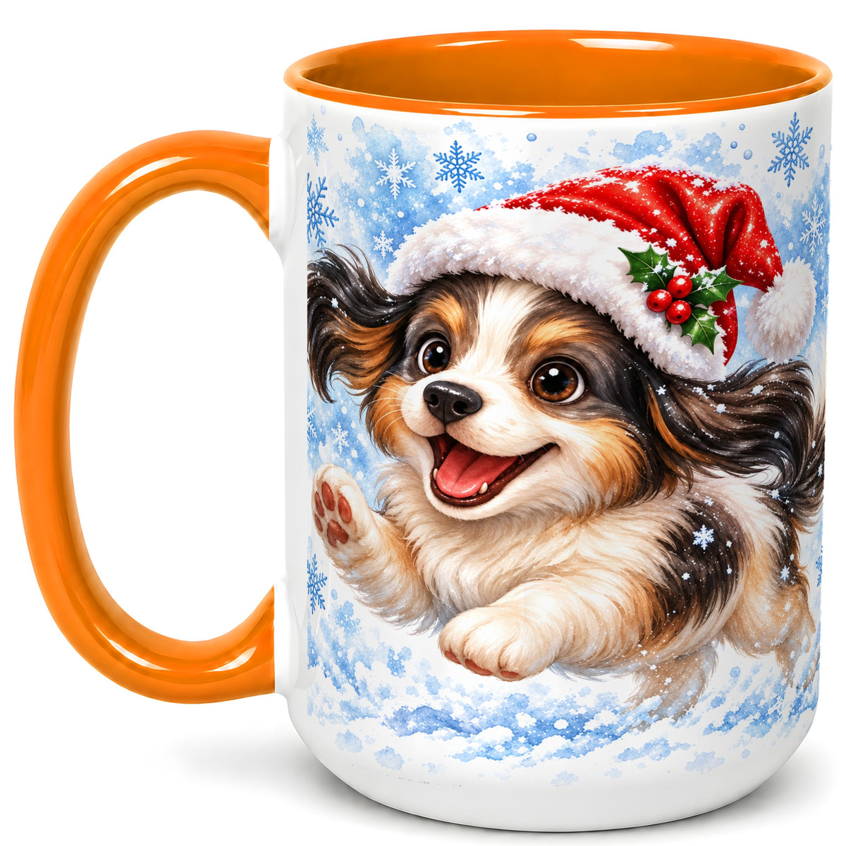#pl[15oz|Orange] Christmas Tricolor Puppy Coffee Mug, Snowflake Dog Mug, Ceramic Cup