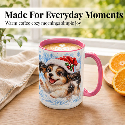 #pl[15oz|Pink] Christmas Tricolor Puppy Coffee Mug, Snowflake Dog Mug, Ceramic Cup