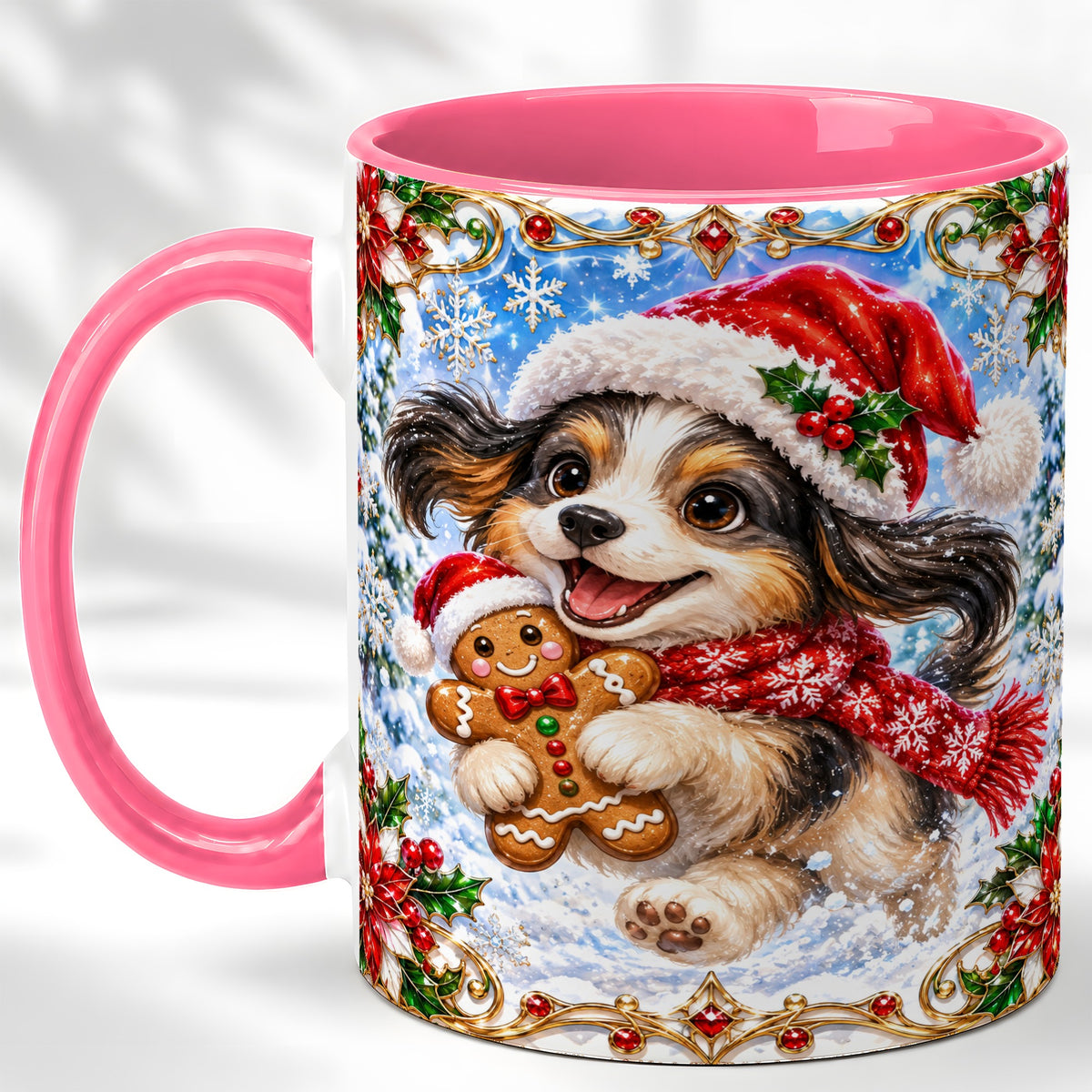 #pl[11oz|Pink] Christmas Gingerbread Puppy Coffee Mug, Santa Dog Mug, Ceramic Cup