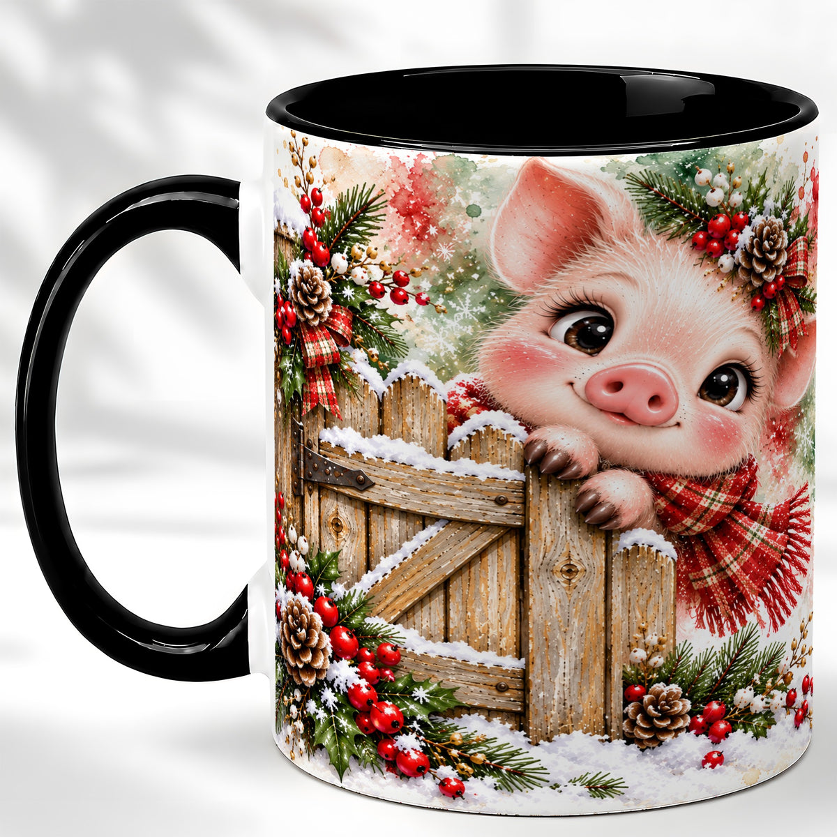 #pl[11oz|Black] Christmas Piglet Coffee Mug, Farmhouse Pink Pig Mug, Ceramic Cup