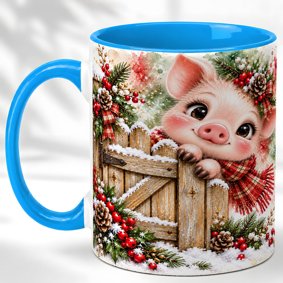 #pl[11oz|Blue] Christmas Piglet Coffee Mug, Farmhouse Pink Pig Mug, Ceramic Cup