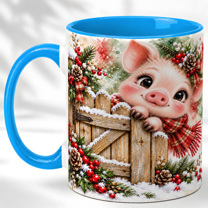 #pl[11oz|Blue] Christmas Piglet Coffee Mug, Farmhouse Pink Pig Mug, Ceramic Cup
